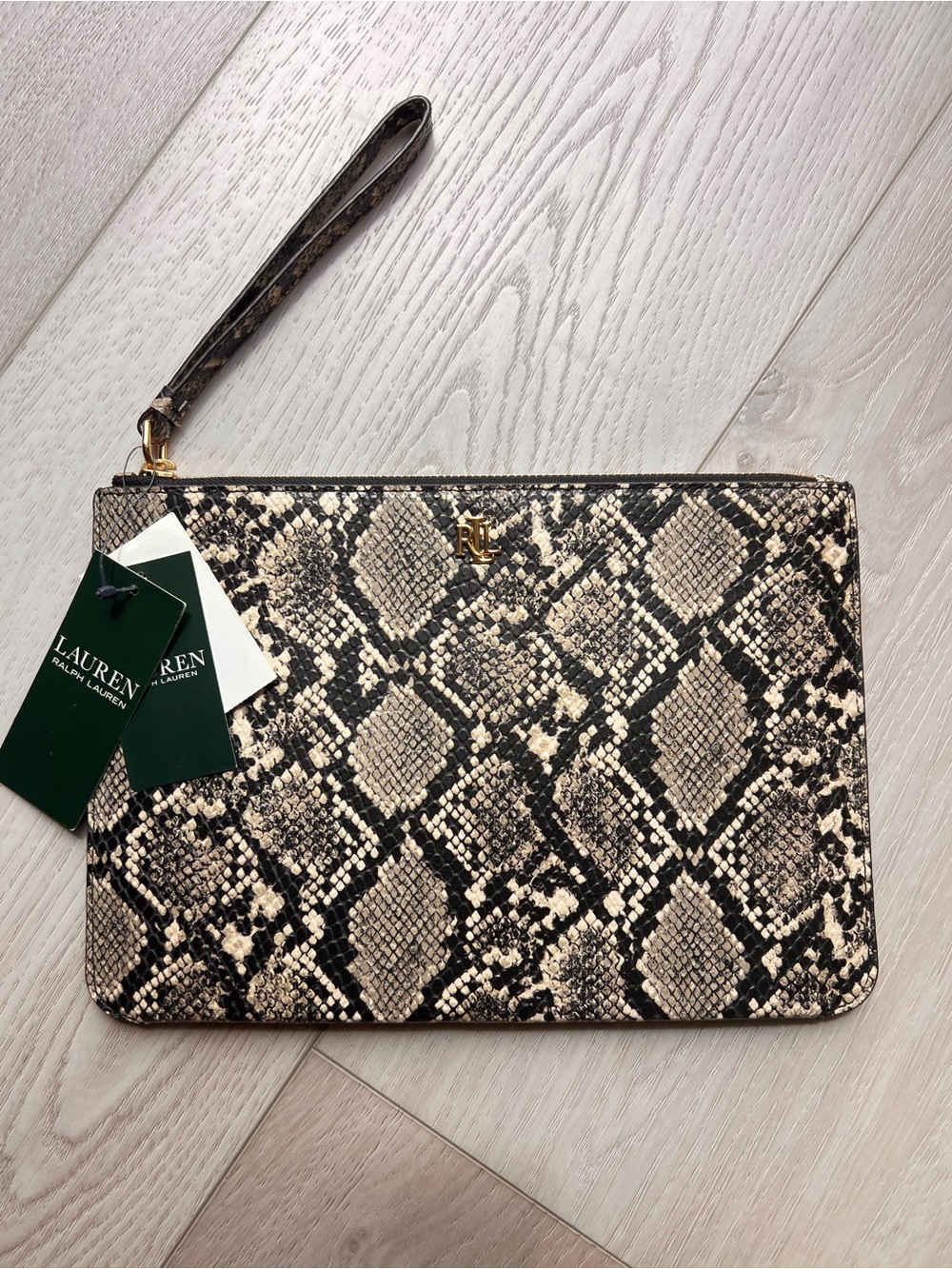 Ralph Lauren Snake-Print Wristlet Clutch in Black and Cream - Picture 1 of 6
